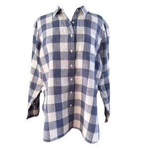 L.L. Bean Blue & White Buffalo Plaid 100% Linen Shirt Size Petite Large